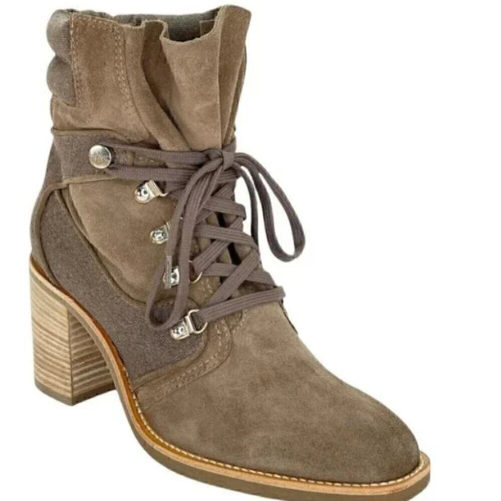 Aquatalia Elise Taupe Suede Leather & Canvas Womens Ankle Boots Size 7 NEW